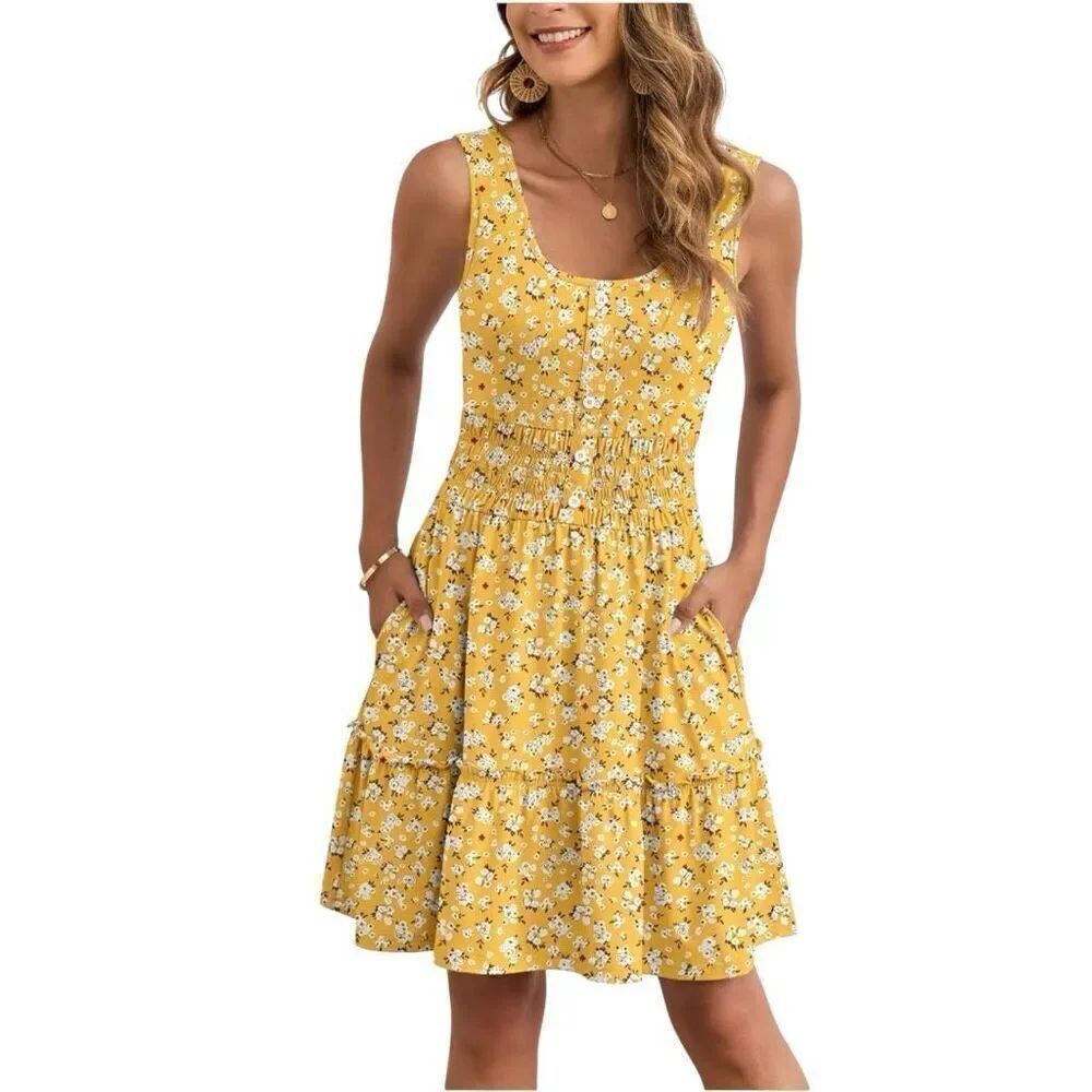 AUSELILY Dress Size Large Sleeveless Smocked Elastic Waist Pockets Yellow Floral